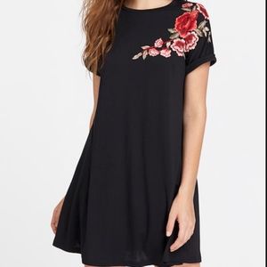 Embroidered Flower Patch Roll Cuff Swing Dress